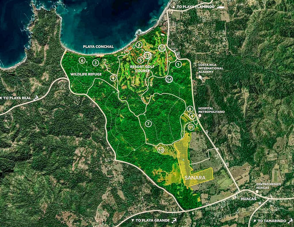 Reserva Conchal, Costa Rica community map. Luxurious homes, hotels, amenities, beach access, and lush nature.