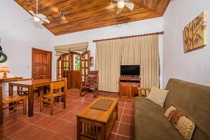 Spacious living room with vaulted ceilings and tropical views at Casa Margarita, Playa Flamingo