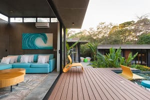 Spacious pool deck with sun loungers at Villa Aquarena near Tamarindo Beach