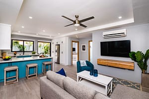 Bright and Open Living Room with Pool Views at Casa Nueva Vida in Surfside Estates