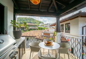 Private balcony with town views at 18 Calle La Ronda Las Catalinas Costa Rica home for sale Sunlit balcony overlooking the car free streets of Las Catalinas steps from Playa Danta