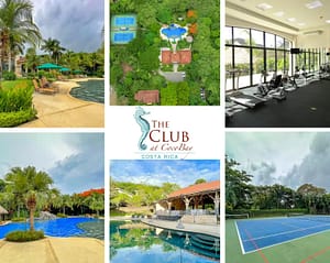 The Club at Coco Bay Estates with a tropical pool, swim-up bar, fitness center, and lush gardens.