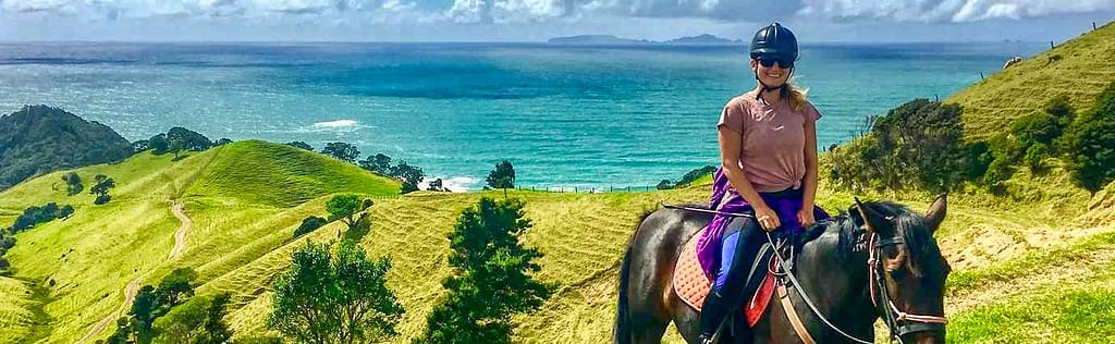 Horseback rider on a green hill with a horse